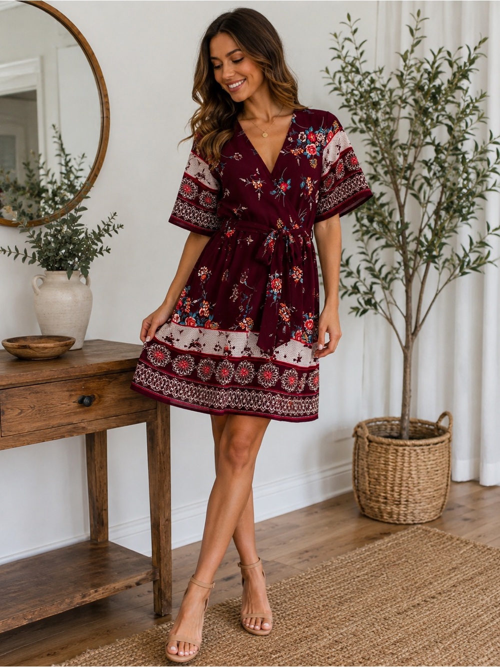 Trixxi Burgundy Floral Tie Waist Midi Dress Size S NWT